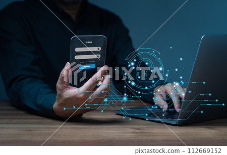 Businessman sign in for protecting personal data on smart phone with virtual screen interfaces. Cybersecurity and privacy concepts to protect data. Lock icon and internet network security technology. Businessman sign in for protecting personal data on smart phone with virtual screen interfaces. Cybersecurity and privacy concepts to protect data. Lock icon and internet network security technology. 112669152