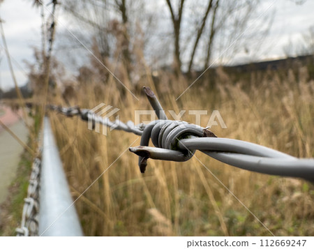 Fragment of barbed wire on the fence 112669247