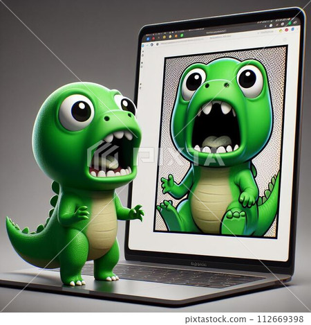 Dinosaur surprised to see itself reflected on computer Dinosaur surprised to see itself reflected on computer 112669398