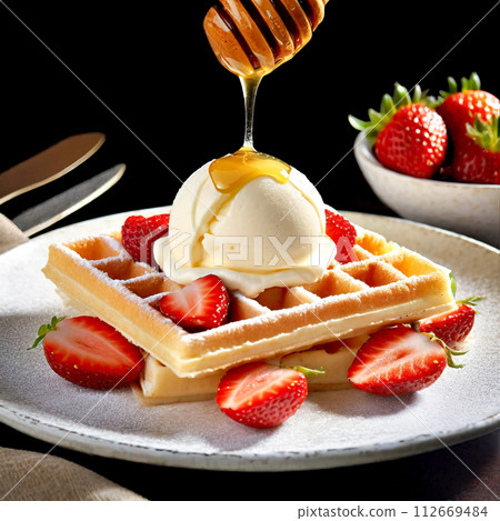 The moment when honey is poured onto a waffle with strawberries and vanilla ice cream. The moment when honey is poured onto a waffle with strawberries and vanilla ice cream. 112669484