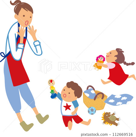 年輕的母親和孩子們整理玩具 年輕的母親和孩子們整理玩具 112669516