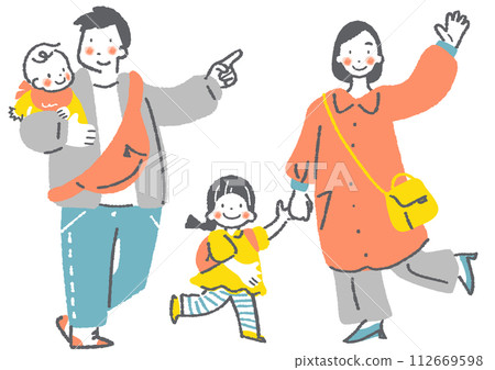 時尚可愛的手繪插圖，描繪了一家四口一起出去玩的樂趣。 112669598
