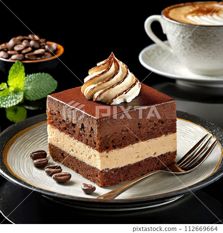 A plate of chocolate cake and coffee for one person A plate of chocolate cake and coffee for one person 112669664