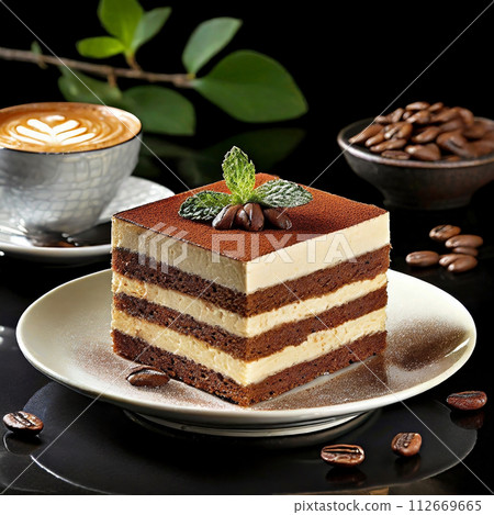 A plate of tiramisu and coffee for one person A plate of tiramisu and coffee for one person 112669665