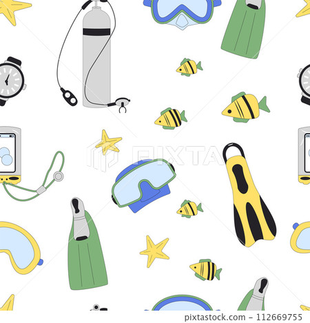 Diving seamless pattern. Snorkeling endless background. Scuba dive and underwater swimming cover. Flippers, mask, fish vector line art illustration. Diving seamless pattern. Snorkeling endless background. Scuba dive and underwater swimming cover. Flippers, mask, fish vector line art illustration. 112669755
