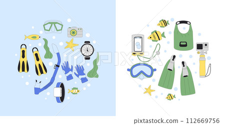 Diving round emblem. Oxygen masks, tanks, flippers and equipment for scuba and snorkel circle shape composition. Underwater sea marine snorkelling sport. Line art vector illustrations isolated on 112669756