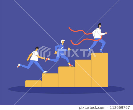 Business career ladder. Team wit product manager climbing up stairs to reach goal. Motivation for work and project achievement. Vector line art flat illustration Business career ladder. Team wit product manager climbing up stairs to reach goal. Motivation for work and project achievement. Vector line art flat illustration 112669767