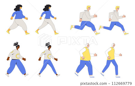 Weight loss running women and men sequence set. Before and after. Young and elderly characters with different body mass Weight loss running women and men sequence set. Before and after. Young and elderly characters with different body mass 112669779