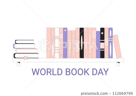 World book and copyright day banner template. Reading lover. Bookshelf with text. Learning and education holiday. Vector flat illustration World book and copyright day banner template. Reading lover. Bookshelf with text. Learning and education holiday. Vector flat illustration 112669799