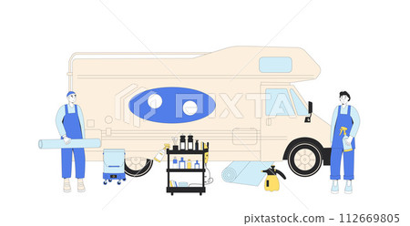 Professional wrap film installers Vehicle wrapping car detailing in studio. Repair auto. Vector illustration in flat with outline 112669805