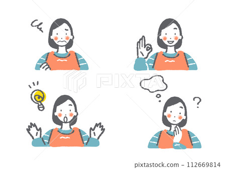 Young mother's facial expression set - stylish and cute hand-drawn illustrations 112669814