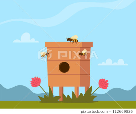 Apiary hive and honey bees. Farm with beehives and flowers garden panorama. Apiculture beekeeping. Vector illustration. 112669826