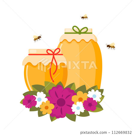 Honey jars, bees and flowers. Apiary symbol. Bee, honey, honey bank, honey pot comb. Honey natural healthy food production. Honey liquid bank isolated. Sticky ingredient dessert. Vector illustration. 112669832