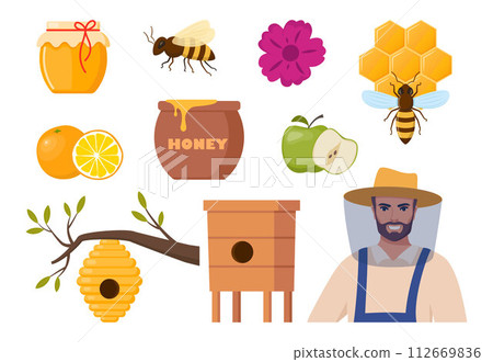 Beekeeping set. Beekeeper character, beehive, bee, honeycombs, honey jar, dipper, barrel flowers. Healthy sweet syrup. Beekeeping farm. Honey bee farming business. Vector illustration. Beekeeping set. Beekeeper character, beehive, bee, honeycombs, honey jar, dipper, barrel flowers. Healthy sweet syrup. Beekeeping farm. Honey bee farming business. Vector illustration. 112669836