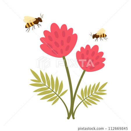 Happy bee flying. Honey bee flying to the flowers collecting nectar. Vector illustration. Happy bee flying. Honey bee flying to the flowers collecting nectar. Vector illustration. 112669845