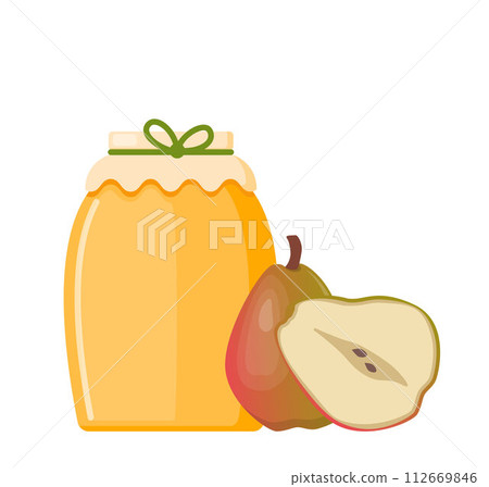 Honey in a transparent glass Jar and pear. Vector image for selling honey, bee products. 112669846