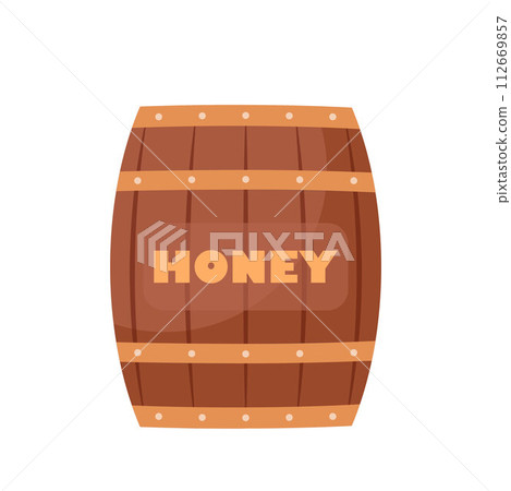 Wooden barrel with honey. Beekeeping farm concept. Honey beekeeping organic health product. Wooden Barrel full of honey. Vector illustration. Wooden barrel with honey. Beekeeping farm concept. Honey beekeeping organic health product. Wooden Barrel full of honey. Vector illustration. 112669857
