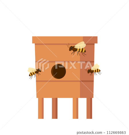 Wooden Beehive on white background. Traditional beehive natural beekeeper insect organic farm. Honeycomb food sweet home. Vector illustration. 112669863