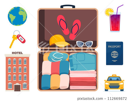 Adventure tourism, travel abroad, summer vacation trip decorative design elements. Set of travel icons. Transport, hotel, baggage, airport. cocktail, palm. Vector illustration. Adventure tourism, travel abroad, summer vacation trip decorative design elements. Set of travel icons. Transport, hotel, baggage, airport. cocktail, palm. Vector illustration. 112669872