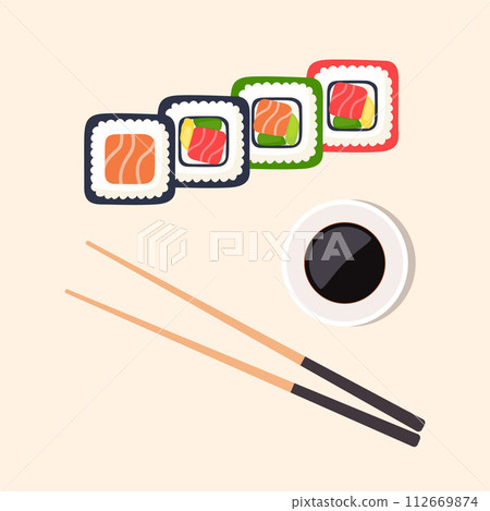 Sushi set board with chopsticks and soy sauce. Sushi illustration with trout fish, salmon and caviar. Sushi set. Vector illustration. 112669874