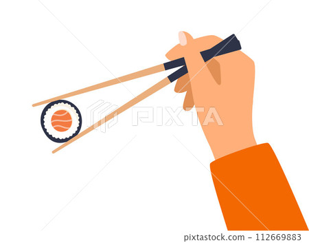 Hand holds chopsticks with sushi. Hand holds bamboo sticks. Asian cuisine. Image showing how to use chopsticks. Vector illustration. Hand holds chopsticks with sushi. Hand holds bamboo sticks. Asian cuisine. Image showing how to use chopsticks. Vector illustration. 112669883
