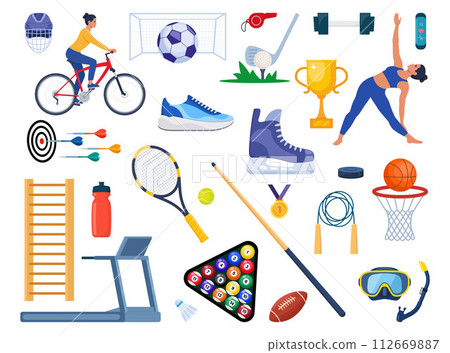 Sport equipment and sportsmen set. Various kind of sport activity. Strength training, cycling, yoga, basketball, diving, surfing. Vector illustration. Sport equipment and sportsmen set. Various kind of sport activity. Strength training, cycling, yoga, basketball, diving, surfing. Vector illustration. 112669887