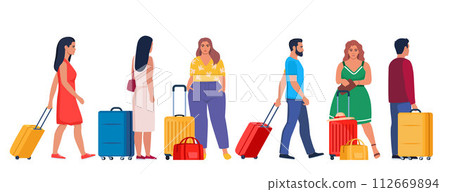 Travelers with baggage. Characters with suitcases and bags. Tourists group with suitcases. Traveling crowd with luggage. Concept for travel or lifestyle blogs. Vector Illustration. Travelers with baggage. Characters with suitcases and bags. Tourists group with suitcases. Traveling crowd with luggage. Concept for travel or lifestyle blogs. Vector Illustration. 112669894