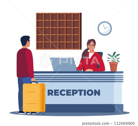 Hotel lobby, reception. Woman receptionist behind the desk, guest with baggage checking in. Hotel Arriving. Tourism, business trip concept. Interior of inn. Vector illustration. Hotel lobby, reception. Woman receptionist behind the desk, guest with baggage checking in. Hotel Arriving. Tourism, business trip concept. Interior of inn. Vector illustration. 112669900