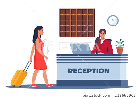 Hotel lobby, reception. Woman receptionist behind the desk, guest with baggage checking in. Hotel Arriving. Tourism, business trip concept. Interior of inn. Vector illustration. Hotel lobby, reception. Woman receptionist behind the desk, guest with baggage checking in. Hotel Arriving. Tourism, business trip concept. Interior of inn. Vector illustration. 112669902