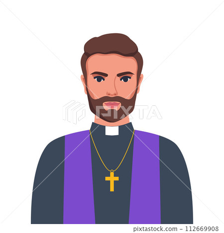 Catholic priest portrait. Catholic priest in a cassock with a cross. Vector illustration. Catholic priest portrait. Catholic priest in a cassock with a cross. Vector illustration. 112669908