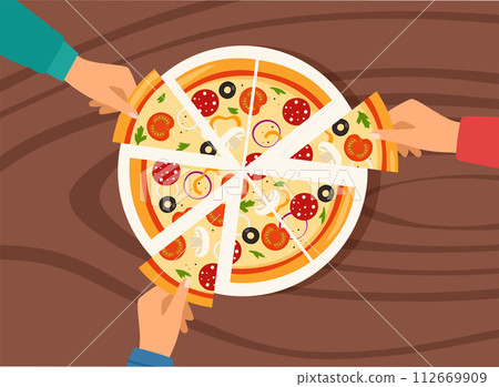 People hands taking triangle pizza slices from dish on table. Top view of Italian fast food at corporate party. Hungry friends eating fast food together. Vector illustration. People hands taking triangle pizza slices from dish on table. Top view of Italian fast food at corporate party. Hungry friends eating fast food together. Vector illustration. 112669909