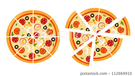 Fresh round pizza cut into triangular pieces. Pizza with tomato, cheese, olive, sausage, onion, basil. Traditional Italian fast food. Top view meal. Vector illustration. Fresh round pizza cut into triangular pieces. Pizza with tomato, cheese, olive, sausage, onion, basil. Traditional Italian fast food. Top view meal. Vector illustration. 112669910