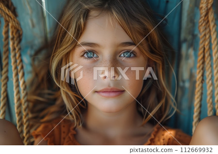 AI-generated content. Girl with blue eyes and freckles lying on swing 112669932