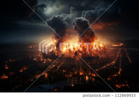 AI-generated content. City engulfed by explosive volcanic eruption at dusk 112669933