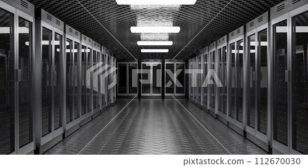 Servers. Servers room data center. Backup, mining, hosting, mainframe, farm and computer rack with storage information. 3d rendering Servers. Servers room data center. Backup, mining, hosting, mainframe, farm and computer rack with storage information. 3d rendering 112670030