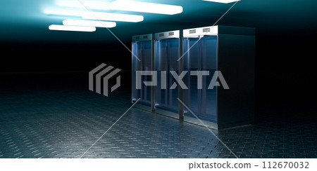 Servers. Servers room data center. Backup, mining, hosting, mainframe, farm and computer rack with storage information. 3d rendering 112670032