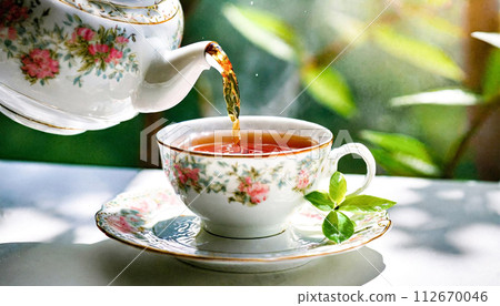 The moment you pour tea into an elegant teacup The moment you pour tea into an elegant teacup 112670046