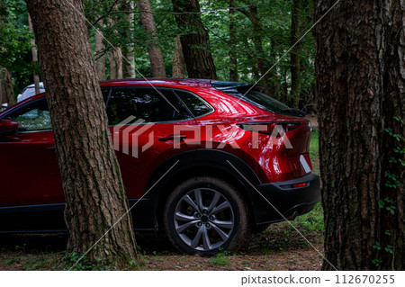 red car japanese car drive mountain road red car japanese car drive mountain road 112670255