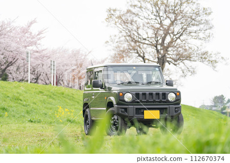 Cherry blossoms in full bloom 4WD light car driving drive Cherry blossoms in full bloom 4WD light car driving drive 112670374