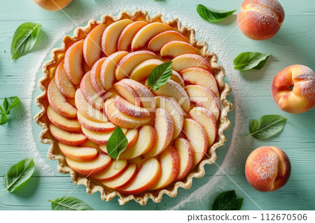 Peach tart surrounded by fresh fruits and mint green leaves. Generative AI 112670506