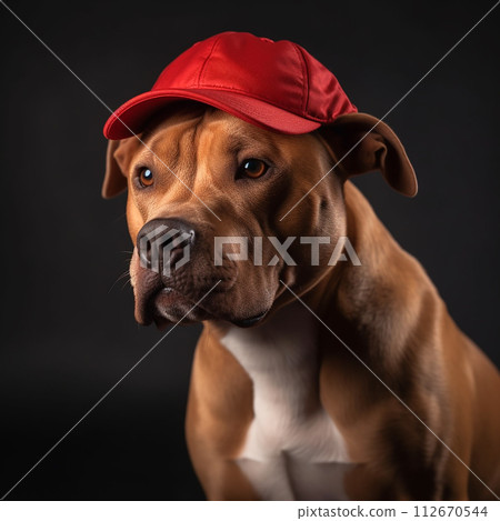 Staffordshire Terrier, Pit Bull Terrier, brown and white dog stands wearing a red hat on its head. The dog looks curious, tilting its head 112670544