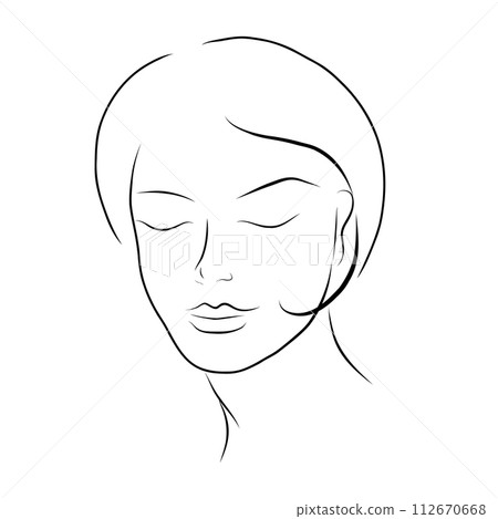 Woman face line art. Minimalistic style. Vector hand drawn beauty fashion illustration for logo, cosmetics or makeup, t-shirt prints. 112670668