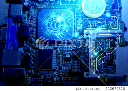 top view of motherboard, computer motherboard, artificial intelligence concept top view of motherboard, computer motherboard, artificial intelligence concept 112670820