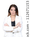 A young woman in a white blazer on a transparent background. 112671153