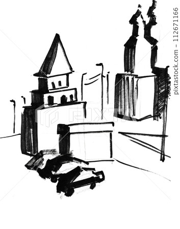 hand drawn tower, church and parking on square hand drawn tower, church and parking on square 112671166