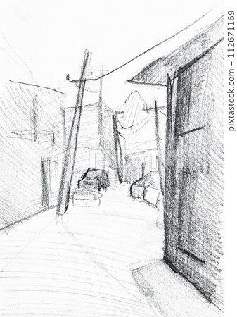 small street in old town drawn by hand on paper 112671169