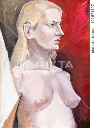 hand-painted portrait of nude model on red hand-painted portrait of nude model on red 112671197