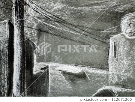 hand drawn snow-covered wires above houses hand drawn snow-covered wires above houses 112671200