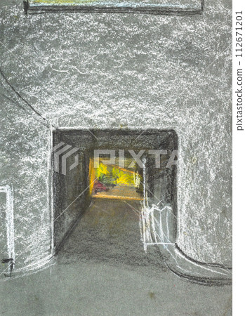 hand drawn passage through arch in house in night 112671201