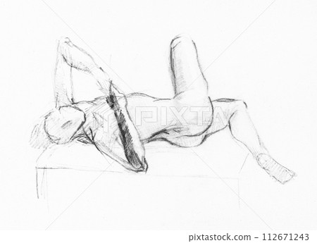 sketch of nude model lying on her side on podium 112671243